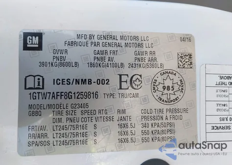 2016 GMC Savana 2500 Work Van z USA, uszkodzony, nr VIN 1GTW7AFF8G1259816